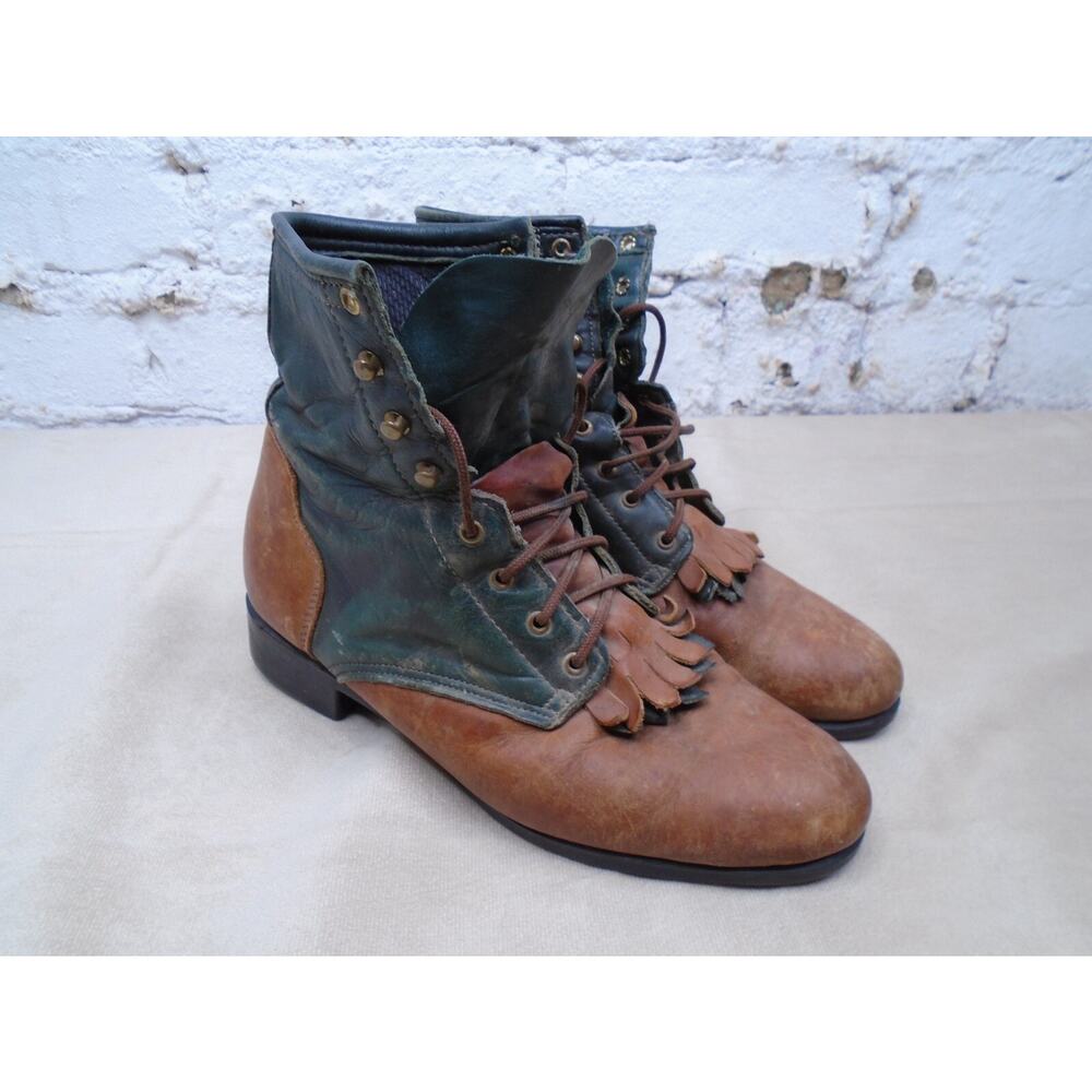 VTG J. Chisholm Roper Lace Up Boots Womens 6.5 Brown Green Leather Western